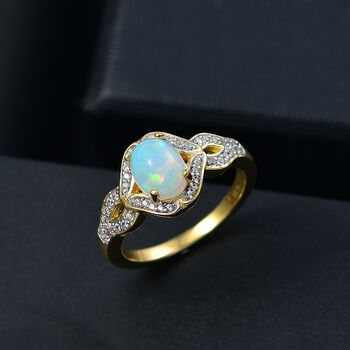 AA Nat&uuml;rlicher, &auml;thiopischer Welo Opal, Wei&szlig;er Zirkon Ring 925 Silber 750 Gelbgold Vermeil (Gr&ouml;&szlig;e 17.00) ca. 1,24 ct