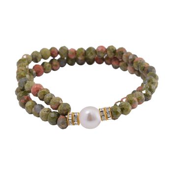 Muschelkernperle-Armband mit Unakit und Wei&szlig;em Kristall, flexibel, vergoldet