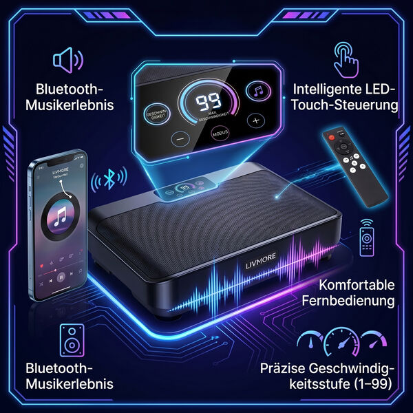 LIVMORE Vibrationsplatte Trainingsger&auml;t mit Fernbedienung, LED Display, Schwarz image number 6