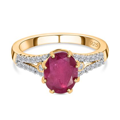 Afrikanischer Rubin (Fissure gef&uuml;llt), Wei&szlig;er Zirkon Ring, 925 Silber Gelbgold Vermeil (Gr&ouml;&szlig;e 19.00) ca. 3.01 ct