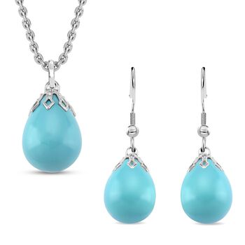 3er Set - Sleeping-Beauty-farbene Muschelkernperle (16X12 mm) Anh&auml;nger mit Kette und Ohrringe, Nickelfreies Messing und 316L Edelstahl