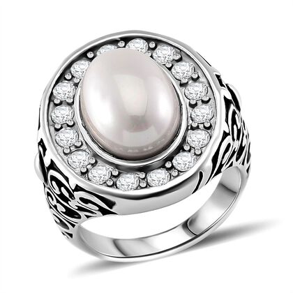 Wei&szlig;er Zirkonia, Wei&szlig;e Muschelkernperle Ring Reiner Edelstahl (Gr&ouml;&szlig;e 16.00)