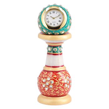 Handgefertigte Makrana-Tischuhr aus Marmor mit Rajasthani-Handemaille, Gr&ouml;&szlig;e 15x5 cm, orange