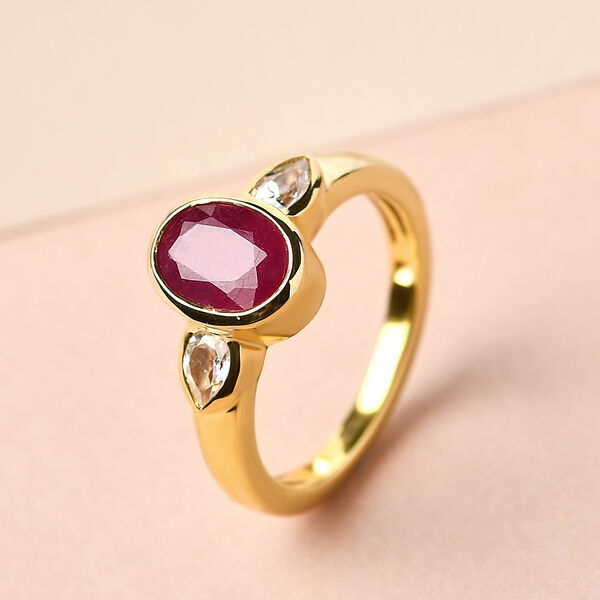 Afrikanischer Rubin und wei&szlig;er Zirkon-Ring, 925 Silber vergoldet  ca. 2,42 ct image number 2