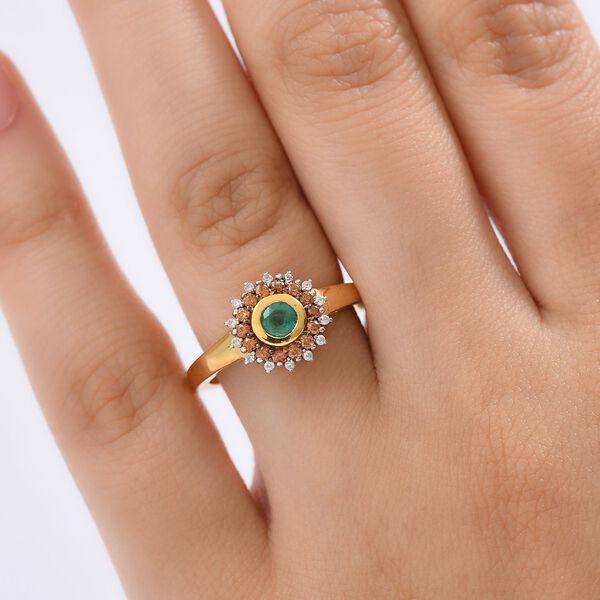 Regal Halo - D joy Kagem Sambischer Smaragd, Brauner Zirkon Ring 925 Silber 750 Gelb Vergoldet (Gr&ouml;&szlig;e 16.00) ca. 0,70 ct image number 3