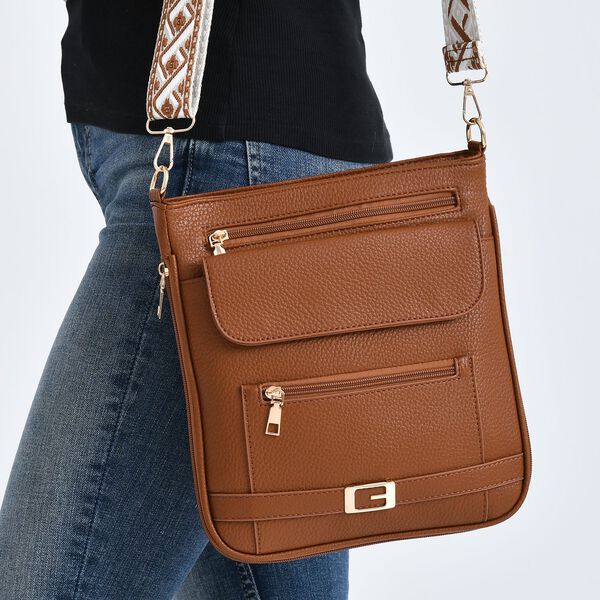 Crossbody-Tasche mit gewebtem Schulterriemen und Rei&szlig;verschlussf&auml;chern, 24x28 cm, Braun image number 4