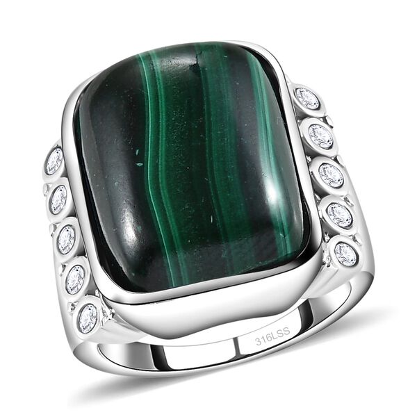 Malachit, Wei&szlig;er Zirkon Ring, Edelstahl (Gr&ouml;&szlig;e 21.00) ca. 19.32 ct image number 4