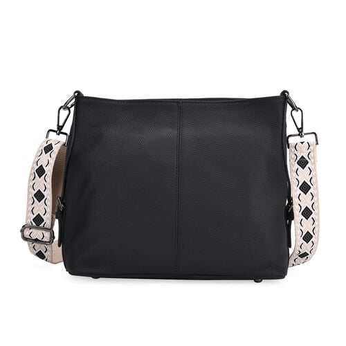 Echtleder-Crossbody-Tasche aus geprägtem Leder, verstellbarer Schulterriemen (ca. 120 cm), 32x12x25 cm, Schwarz