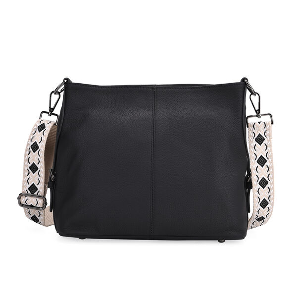 Echtleder-Crossbody-Tasche aus gepr&auml;gtem Leder, verstellbarer Schulterriemen (ca. 120 cm), 32x12x25 cm, Schwarz