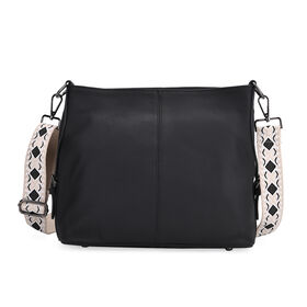 Echtleder-Crossbody-Tasche aus geprägtem Leder, verstellbarer Schulterriemen (ca. 120 cm), 32x12x25 cm, Schwarz