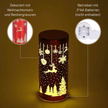 LED-Deko-Zylinder aus Glas mit Weihnachts-Motiven, Rot