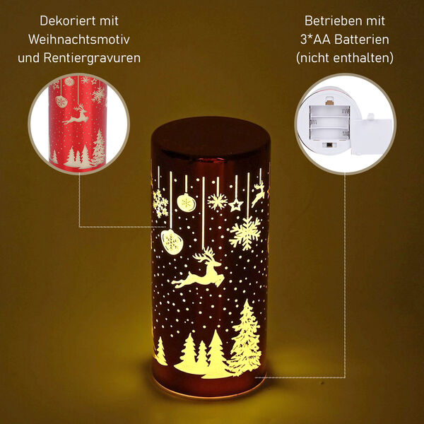 LED-Deko-Zylinder aus Glas mit Weihnachts-Motiven, Rot image number 2