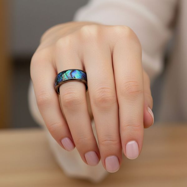 Abalone Muschel Ring Reiner Edelstahl, Schwarz-Plattierung (Größe 20.00) image number 2