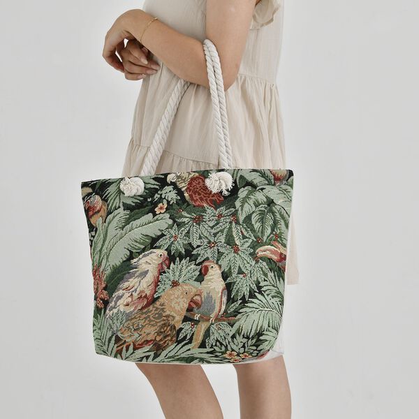 Jacquardgewebte Tasche aus Jute mit Futter, Reißverschluss und verstellbarer Kordel Riemen, 42x37x34 cm, Papagei image number 3