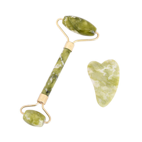2er-Set, Gesichtsmassagegeräte- natürlicher und grüner Jade-Roller und Gua Sha image number 1