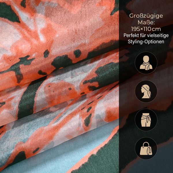 LA MAREY Schal aus 100 % Maulbeerseide, 195×110 cm, blau-orange, floral image number 4
