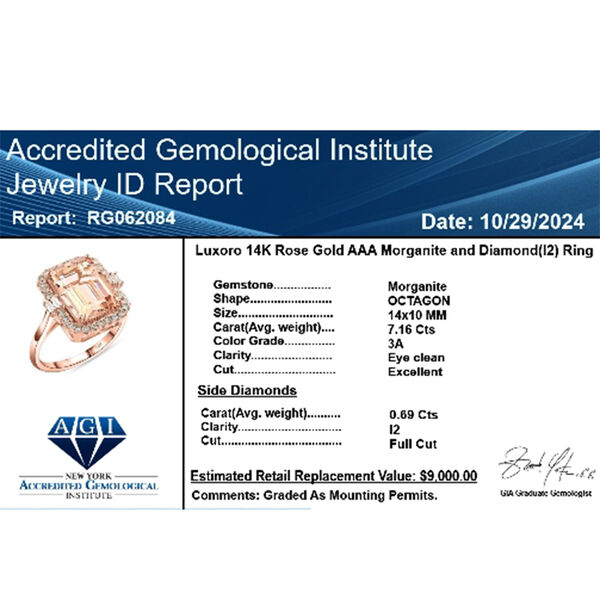 LUXORO zertifiziert und gepr&uuml;ft AAA Morganit und Diamant Ring in 585 Ros&eacute;gold - 7,85 ct. image number 6