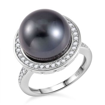 13-14mm Tahiti Perle und Zirkon Ring - 1,04 ct.