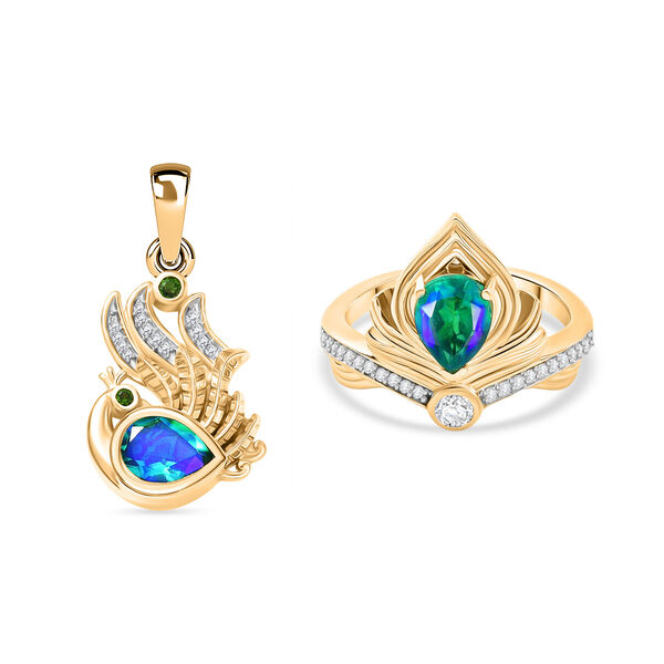 D'Joy Pfau Triplett Quarz und Zirkon Ring und Anh&auml;nger