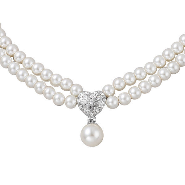 2er - Set wei&szlig;e Glasperlen und Kristall-Halskette, ca. 50 cm, und Ohrringe silberfarben image number 3