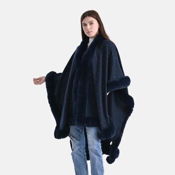 LA MAREY - Poncho mit Kunstfellbesatz und Kristall-Detail, Blau, Einheitsgr&ouml;&szlig;e