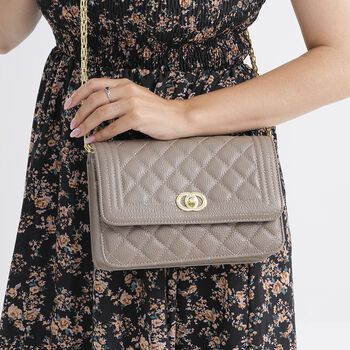 100% Echtleder Crossbody Tasche mit Metallkettenriemen in Stepp-Optik, 23,5x15x8cm, Schwarz