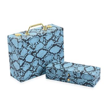 2er-Set, Schmuckkasten mit Reise-Etui aus Kunstleder mit Python-Pr&auml;gung, 24x19x9 und 22x17x3 cm, Blau