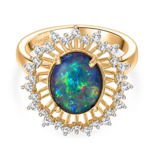 D’joy Boulder Opal Triplette, Weißer Zirkon Ring 925 Silber 750 Gelbgold Vermeil (Größe 21.00) ca. 2,61 ct image number 0