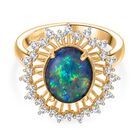 D’joy Boulder Opal Triplette, Weißer Zirkon Ring 925 Silber 750 Gelbgold Vermeil (Größe 21.00) ca. 2,61 ct