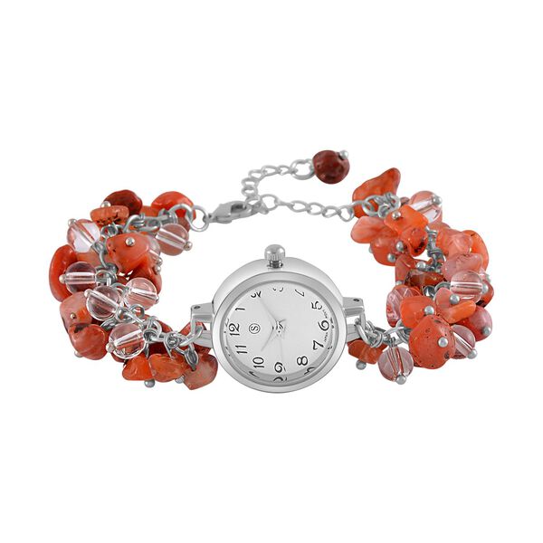 Strada Roter Achat-Perlenuhr, Japanisches Uhrwerk, Legierungsgeh&auml;use, Wei&szlig; mit schwarzen Ziffern image number 3