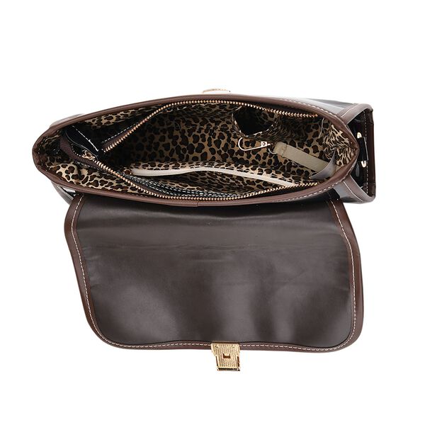 Chaos by Elsie- Echtleder Crossbody Tasche mit RFID-Schutz, Leopardenmotiv Klappe, 2 Au&szlig;enf&auml;cher mit Rei&szlig;verschluss, 28x10x18cm, Schwarz image number 6