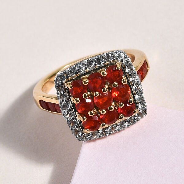 Mexikanischer Kirschfeuer-Opal und Zirkon Ring 925 Silber 585 Vergoldet image number 2