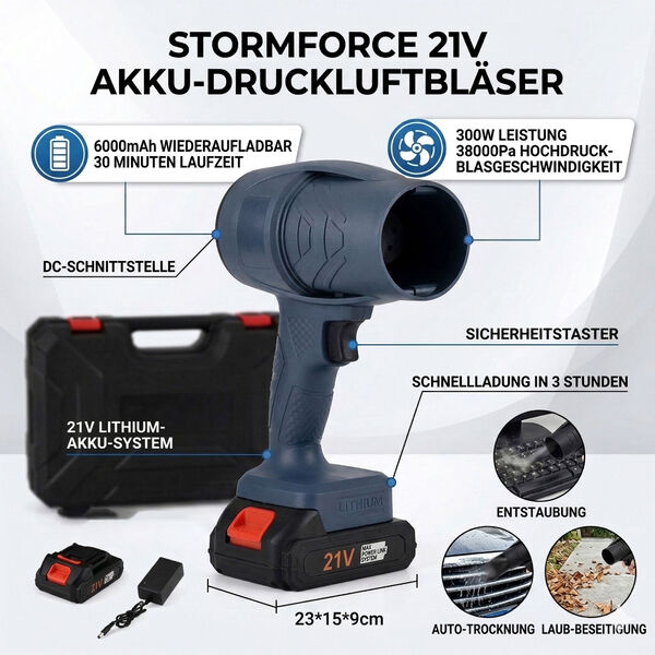 "Powerful dryer                                        Blowing dust, blowing snow, blowing leaves                                      Rated voltage :21v Blow speed: 38000pa Motor power :300W Switch method: Safety button Switch interface type :DC Power su image number 4