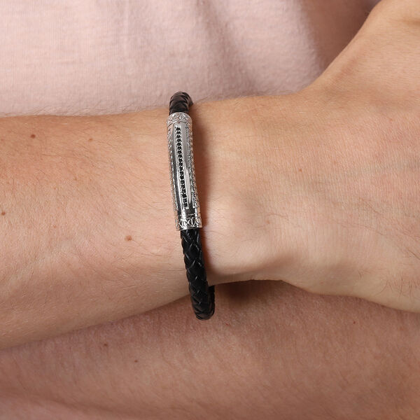 Schwarzer simulierter Diamant und Leder Herren Armband ca. 20 cm lange Edelstahl image number 2