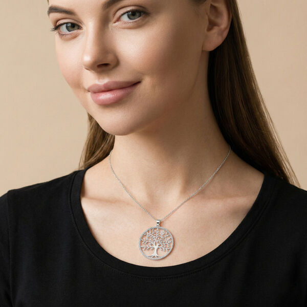 Wei&szlig;er Kristall und Glas Lebensbaum-Anh&auml;nger mit Kette, 74+6 cm, silberfarben image number 3