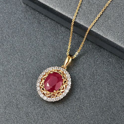 D’joy Afrikanischer Rubin (Fissure gefüllt), Weißer Zirkon Schmuckset 925 Silber 750 Gelbgold Vermeil ca. 4,20 ct. image number 1