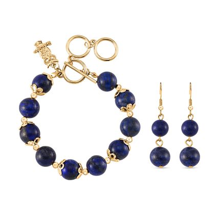 2er Set - Lapislazuli Armband und Ohrringe, Reiner Edelstahl, vergoldet, ca. 180.00 ct