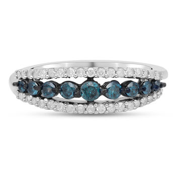 Blauer und Wei&szlig;er Diamant Ring 925 Silber platiniert (Gr&ouml;&szlig;e 16.00) ca. 0,50 ct