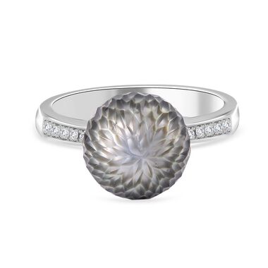 Handgeschnitzter 11-12mm Tahiti-Perle und Zirkon-Ring, 925 Silber rhodiniert - 0,13 ct.