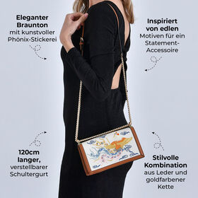 GRAND PELLE Umhängetasche aus echtem Leder, Phönixstickerei, mit Kettenriemen, 22,5×9×13 cm, Braun