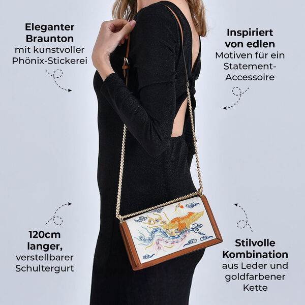 GRAND PELLE Umhängetasche aus echtem Leder, Phönixstickerei, mit Kettenriemen, 22,5×9×13 cm, Braun image number 4