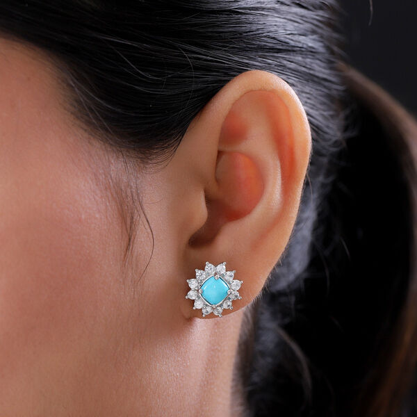 Natürliche Sleeping Beauty Türkis und Zirkon Halo Ohrstecker in Silber, 2,85 ct. image number 3