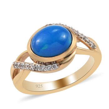 Miami Blau Welo Opal und Zirkon Ring 925 Silber 585 Gelb Vergoldet