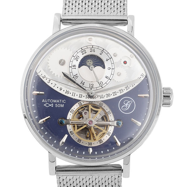 GENOA - Mondphasenuhr mit Schwungrad, Automatikwerk, blaues Ziffernblatt mit Milanese Armband im Silberton, wasserdicht image number 3