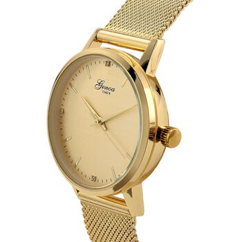 GENOA TIME - V2 Automatik Armbanduhr, Geh&auml;use 316 Edelstahl Sonnenschein Zifferblatt mit wei&szlig;em Diamant Edelstahl Mesharmband goldfarben