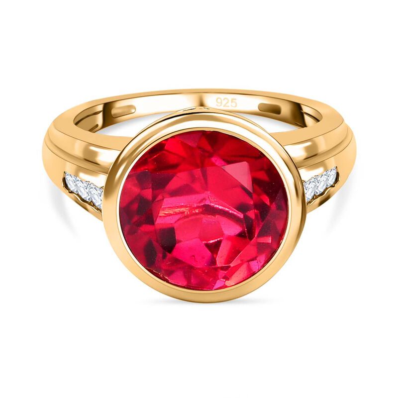 Magenta Rosa Quarz Triplette, weißer Zirkon Ring, 925 Silber vergoldet (Größe 16.00) ca. 5.34 ct image number 0