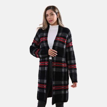 LA MAREY lange Strickjacke, Karomuster, Grau und Schwarz