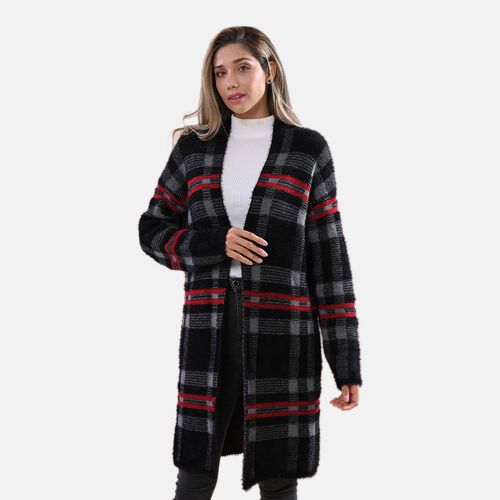 LA MAREY lange Strickjacke, Karomuster, Grau und Schwarz image number 0