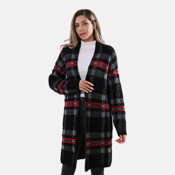 LA MAREY lange Strickjacke, Karomuster, Grau und Schwarz