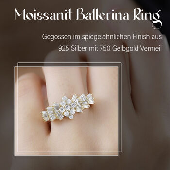 Moissanit Ballerina Ring, 925 Silber mit 750 Gelbgold Vermeil - 1,12 ct.